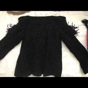 Fringed detail off the shoulder sweater